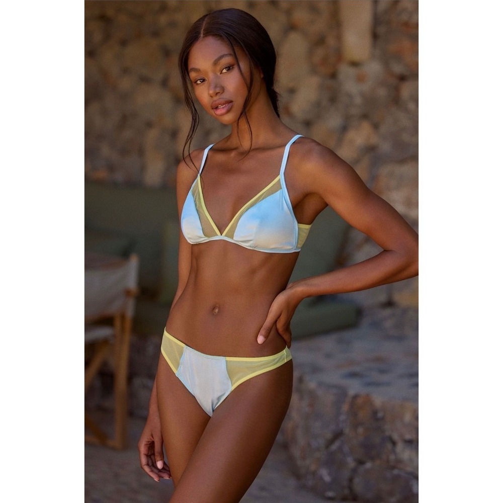 LyreBird Free People Sky Blue Yellow Mesh Satin Bralette Panty Set XL NEW‎